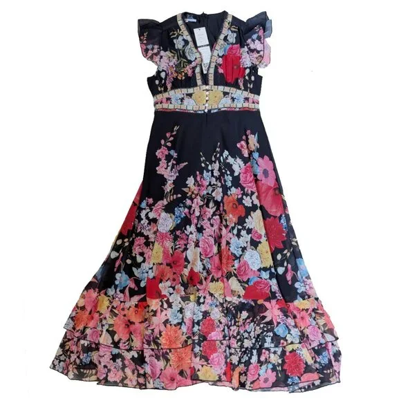 NWT Dalia Macphee Black Floral Plunging Neckline Boho Peasant Maxi Dress Sz L - Picture 4 of 7